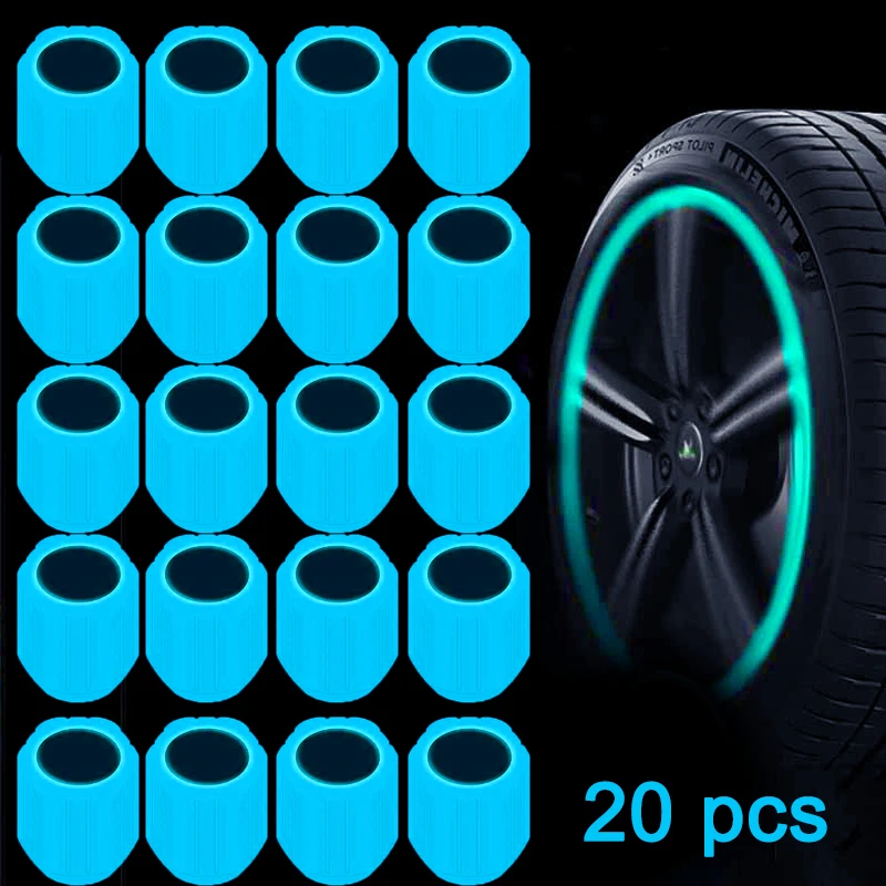 4/12/20Pcs Mini Luminous Car Tire Valve Caps Fluorescent Blue Night Glowing Tire Valve Caps for Car Motorcycle Auto Accessories
