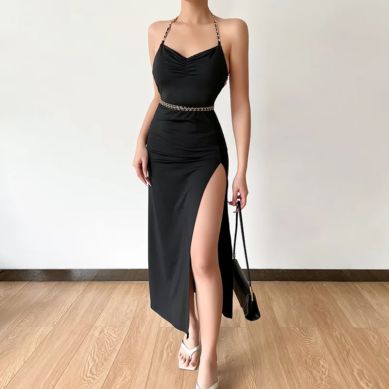 Women Dresses Pleated Collar Backless Split Chain Halter Bandage Cut Out Midi Dress Black Elegant Vestidos Summer Clothing