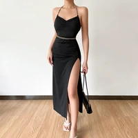 women dresses pleated collar backless split chain halter bandage cut out midi dress black elegant vestidos summer clothing