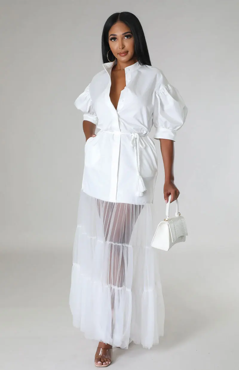 

Women Elegant Mesh Patchwork Lantern Short Sleeve Single Breasted Shirt Style Long Maxi Dress 2023 Summer