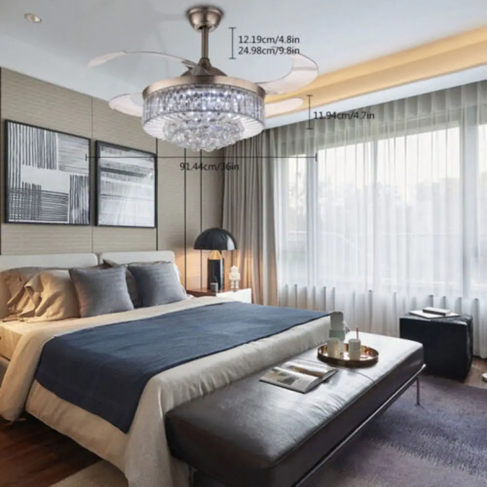 

Bymaocar 110V 36 in Modern Noise-Free 4 retractable Blades Crystal Fandelier Ceiling Fan W/ LED Light Chandelier Remote Control