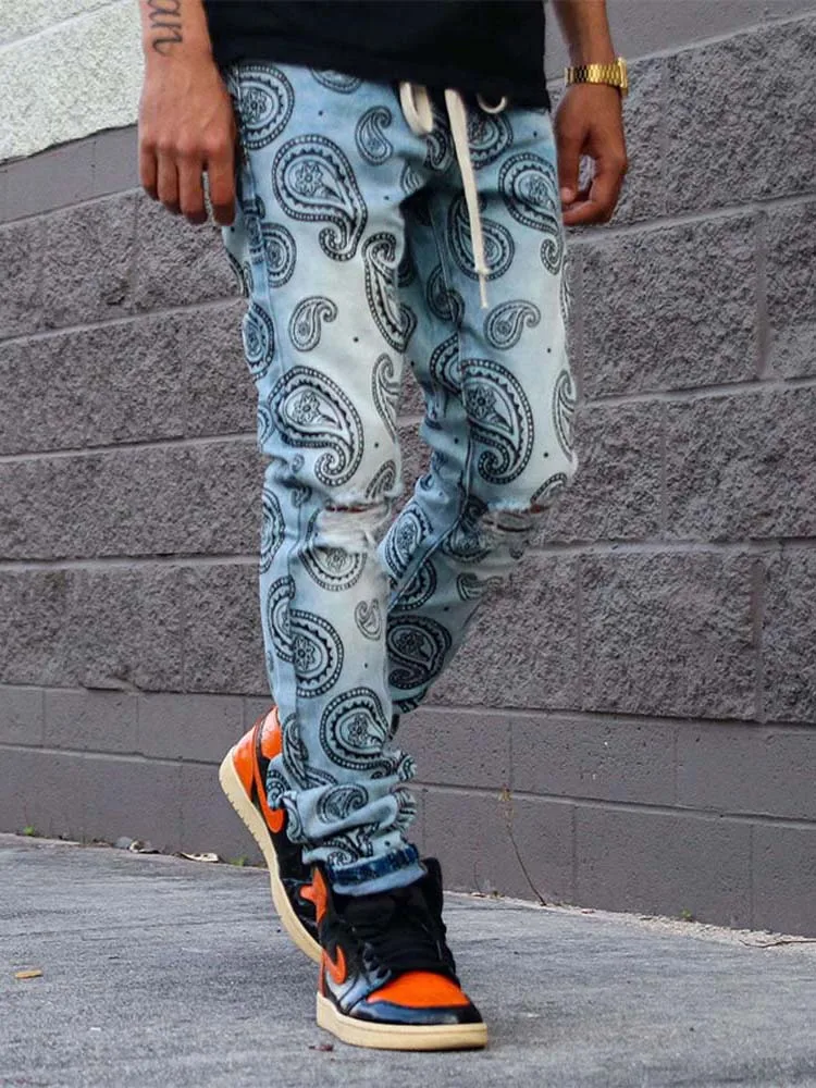 Streetwear Men Paisley Patterned Jeans Male Black Ripped Jeans Skinny Slim Fashion Blue Casual Pants Torn Stylish Men's Clothing