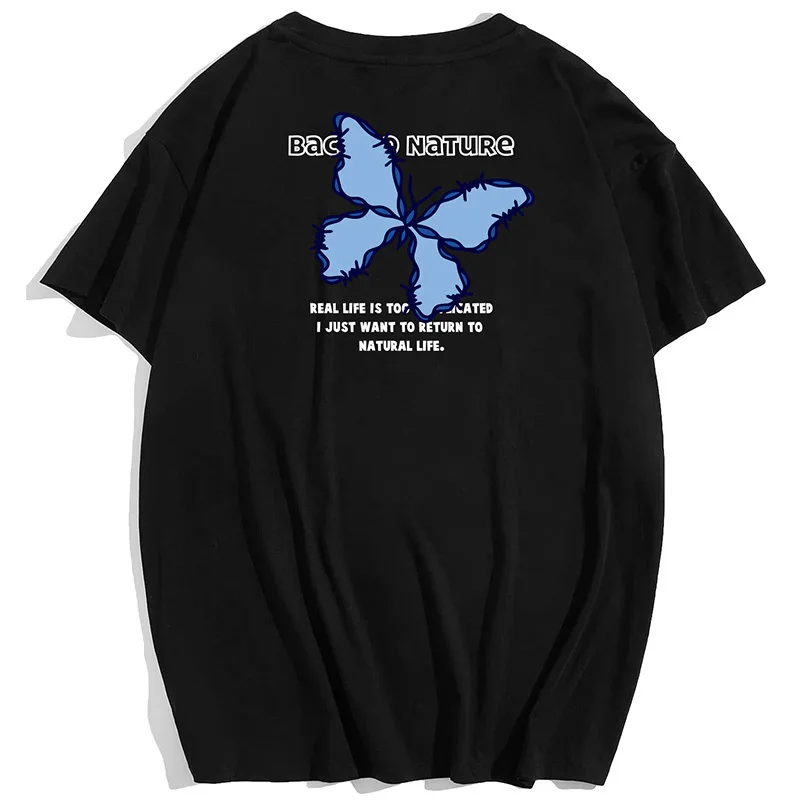 

2022 New Design Hip Hop Streetwear Beige Men T Shirt Blue Butterfly Nature Life Summer Short Sleeve Cotton Loose Tops Tees Boy