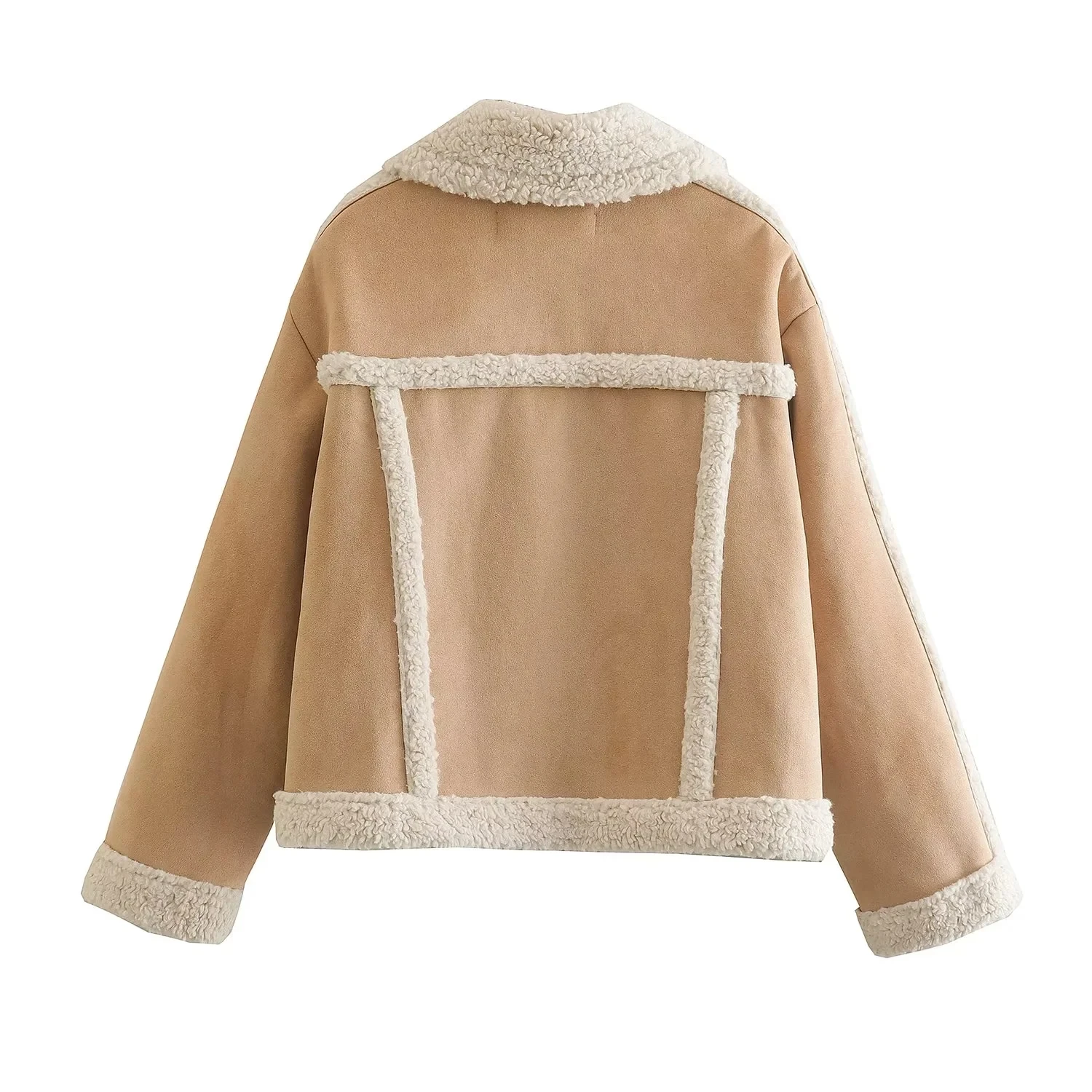 Spring And Autumn Women's Khaki Lapel Zipper Fleece Splicing Reversible Jacket Warm Fashion