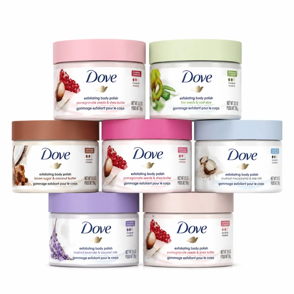 Фото Скраб для тела Dove Exfoliating Body Scrub 298г, увлажняющий и питательный, мягкий отшелушивающий скраб для сухой и огрубевшей кожи, с различными ароматами, уход за кожей. №1