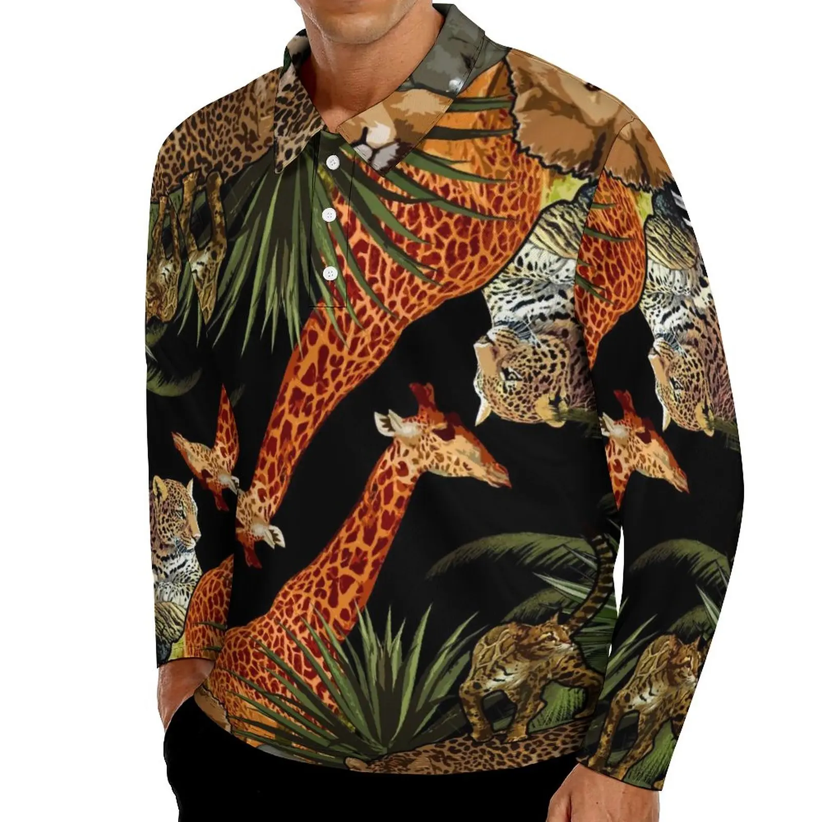 

Рубашка-поло мужская с жирафом и леопардом, повседневная сорочка в африканском стиле для дикой природы, с винтажным воротником, с длинным ру...