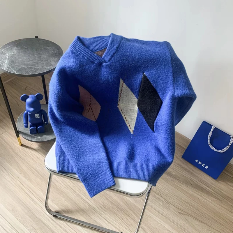 

ADER Classic Overlapping V-Neck Diamond Square Jacquard Knit Sweater Men Women Witnter Casual Adererror Knitwear Pullover