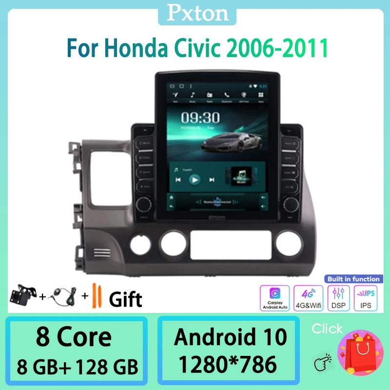 

Pxton Android Tesla Style Vertical Car Radio Stereo Multimedia Player For Honda Civic 2006-2011 4G WIFI Nav Carplay Auto 8+128