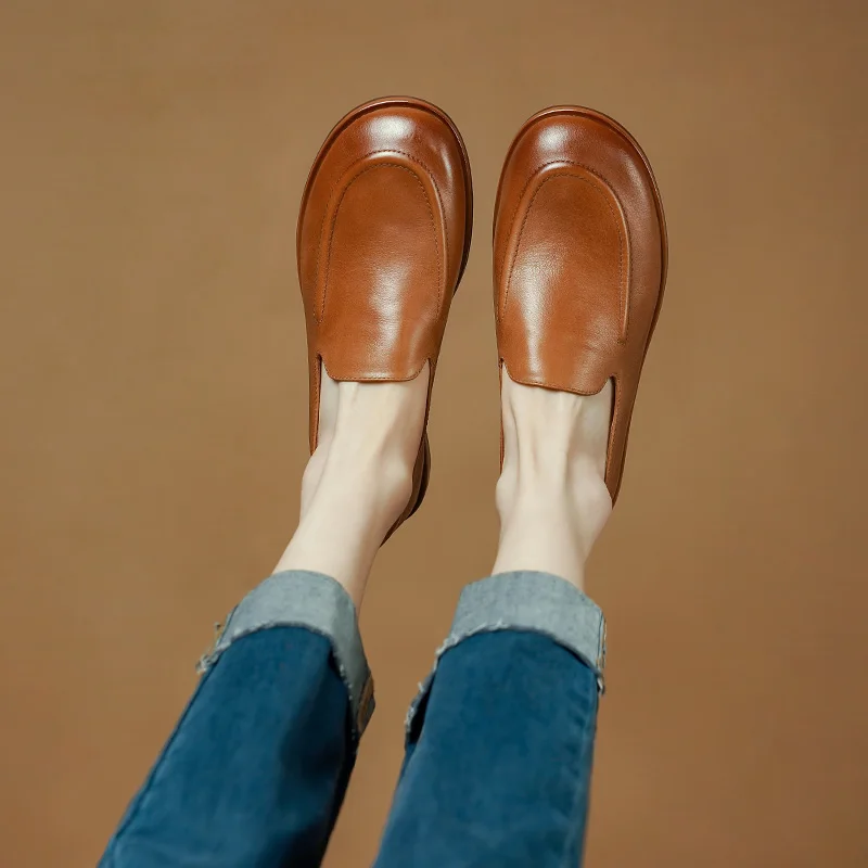 Concise Flats Women Comfy Very Soft Loafers Handmade Retro Genuine Leather Slip on Casual Walking Solid Shoes Size 34-40