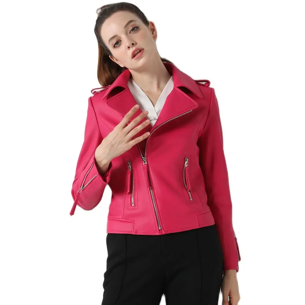 New Women Genuine Leather Jacket Spring Autumn Fashion Long Sleeve Soft Sheepskin Short Biker Coat Rose Slim Outerwear Female