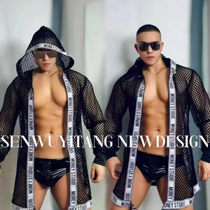 Long Letter Mesh Hooded Jacket Short Outfit Sexy New Nightclub Bar GOGO Singer Dnacer Performance Suit DS DJ Jazz Stage Clothing