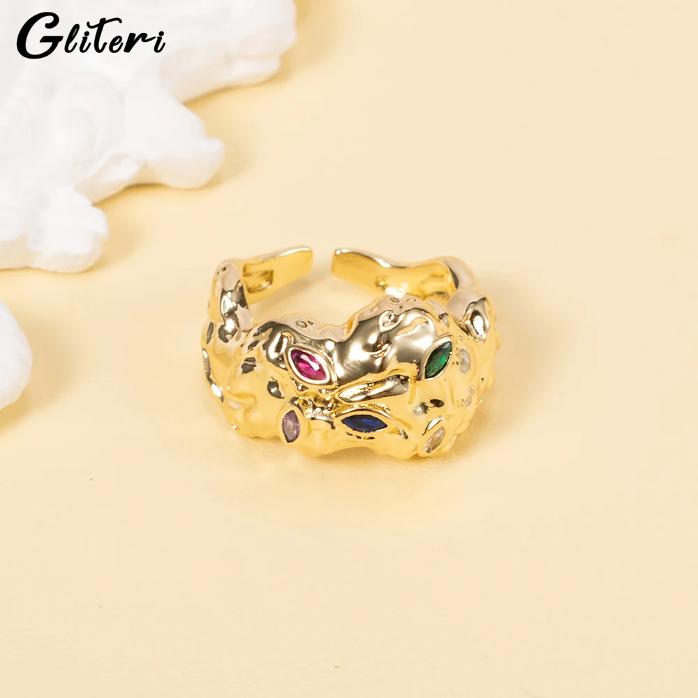 

GEITERI Gold Color Irregularity Open Rings For Women Girls Exaggerated Copper Zircon Finger Ring Trendy Jewelry Party Gifts 2023