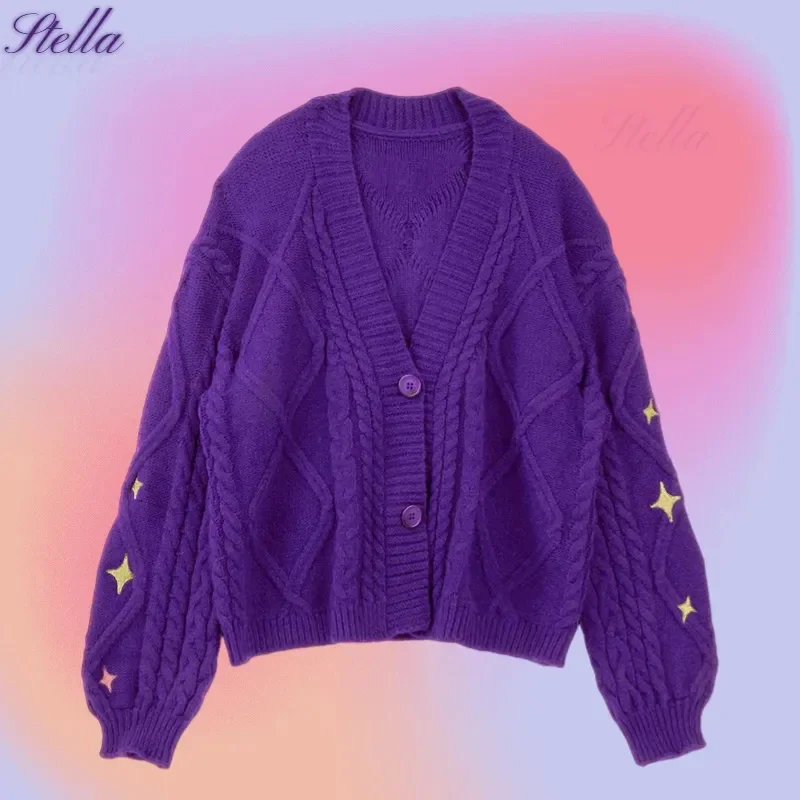 

Winter Tay Women Star Embroidered Cardigan Lor Knitted Sweater Swif T Beige Cardigan Tops Fall Speak Style Now Purple Cardigan