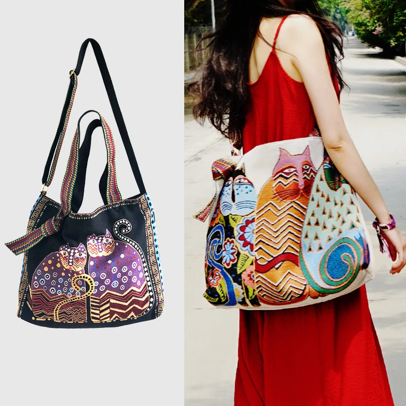 

Original Cool Cat Elegant Large Capacity Bag Women's Canvas Shoulder Bag Messenger Bag Retro Ethnic Style Artistic Fashion