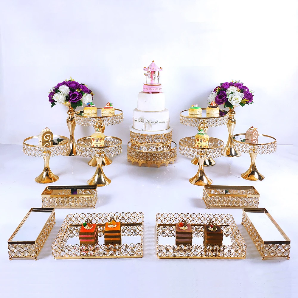 Gold 8-16pcs  Electroplate Metal  Crystal Cake Stand Set Display Wedding Birthday Party Dessert  Cupcake Plate Rack