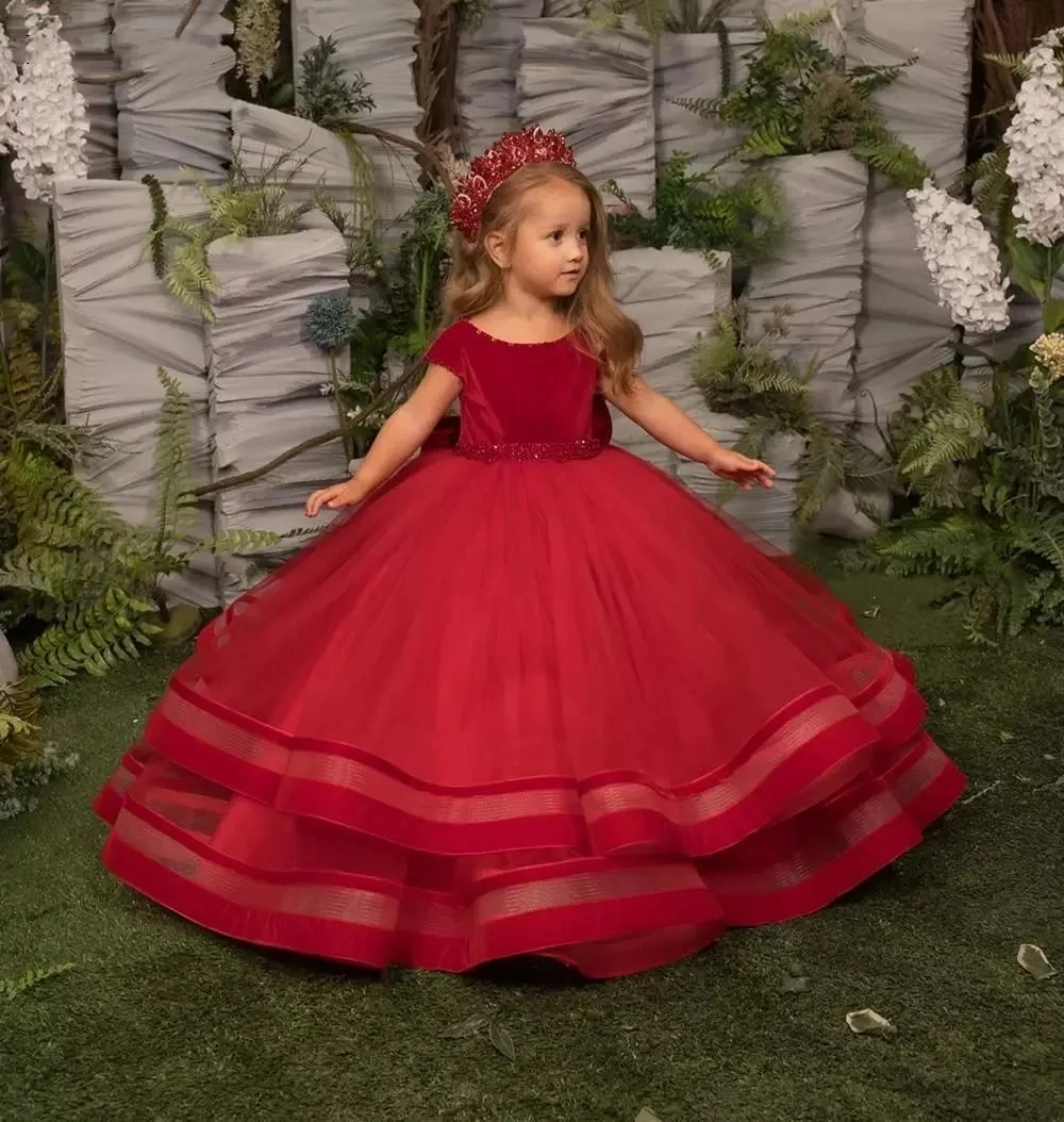 

Lovely Christmas Dark Red Flower Girls Dresses Jewel Neck Crystal Beads Tulle Tiered Floor Length Kids Birthday Girl Pageant Gow