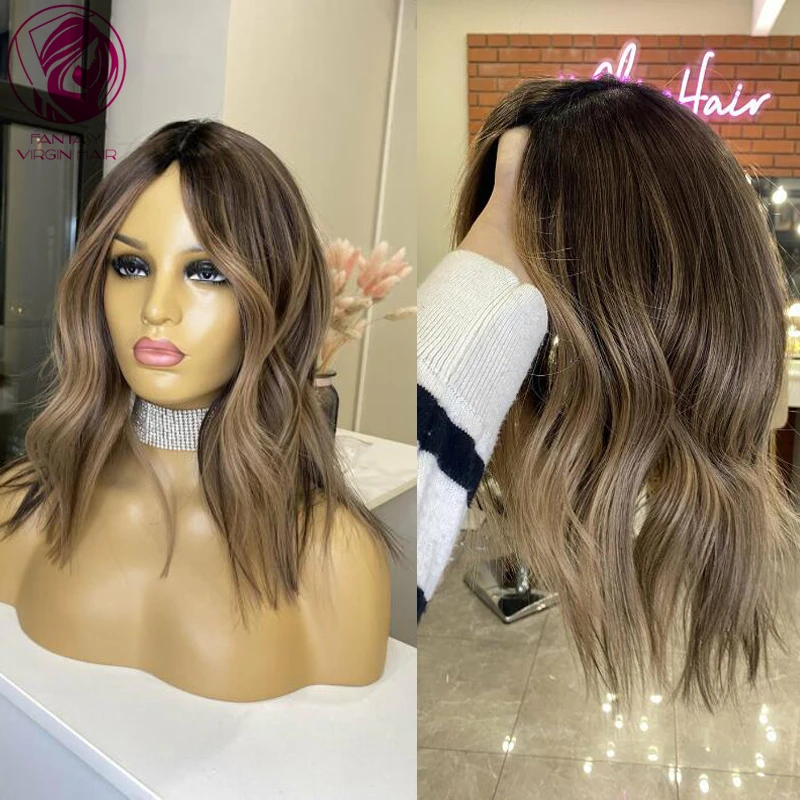 Glueless Brazilian Wigs on Sale Ash Brown DArk Honey Blonde Highlights Human Hair Wig for Women Bob 13x4 Wavy Lace Frontal Wig