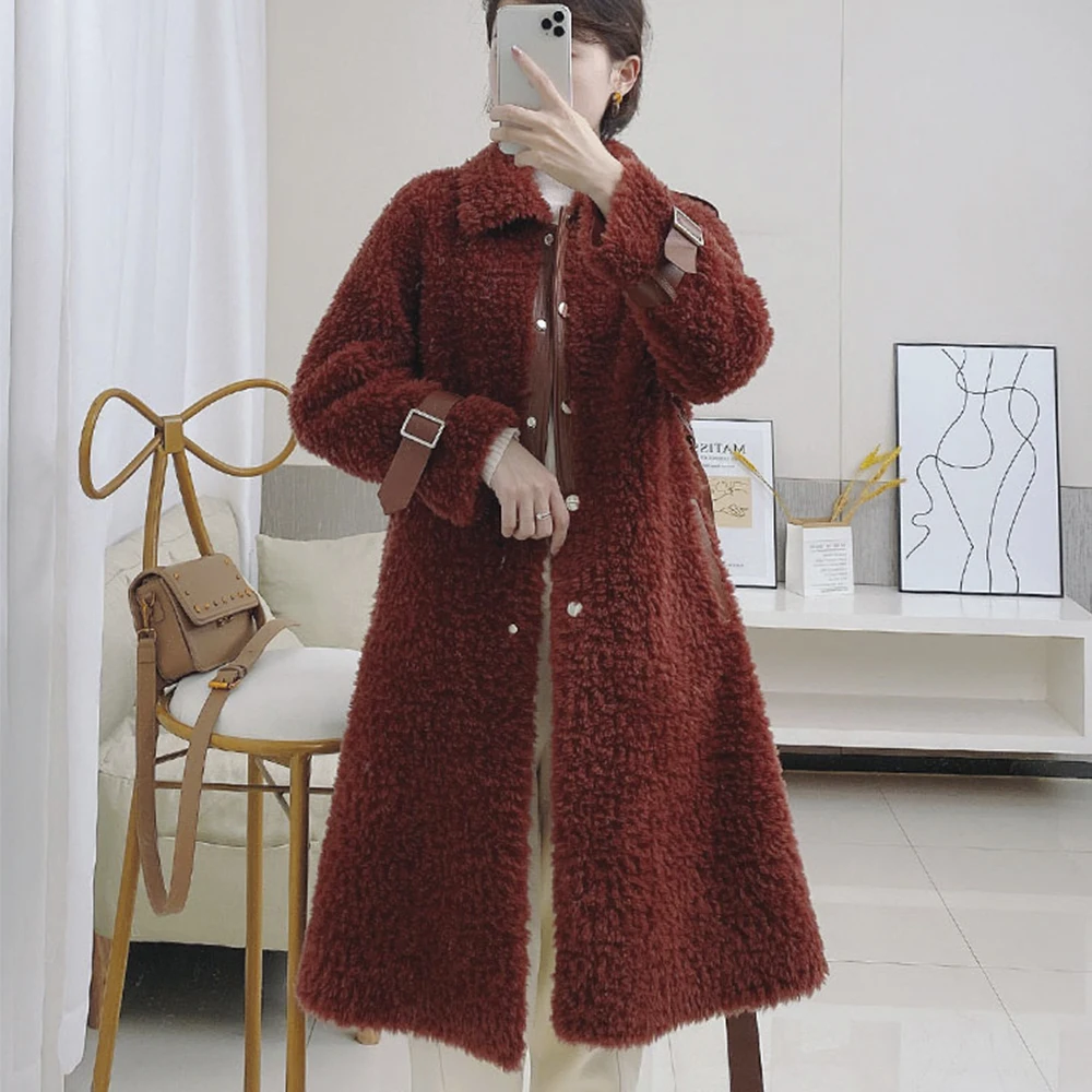 Winter Jacket Women 100% Natural Wool Lamb Fur Coat Long Thick Warm Overcoat Real Sheepskin Leather Belt Casual Streetwear
