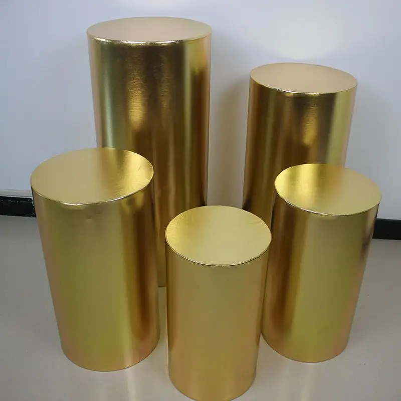 

Metallic Gold and Silver Pink Red BLue White Shiny Fabric Stretch Cloth Elastic Pedestal Cylinder Table Covers Party Decoration