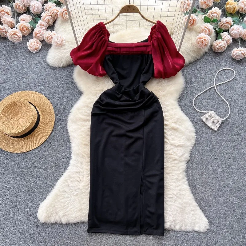 

Hikigawa Contrast Color Causal Women Dress All Match Square Collar Slim Dresses Sexy Chic Fashion Elegant Vestido De Mujer