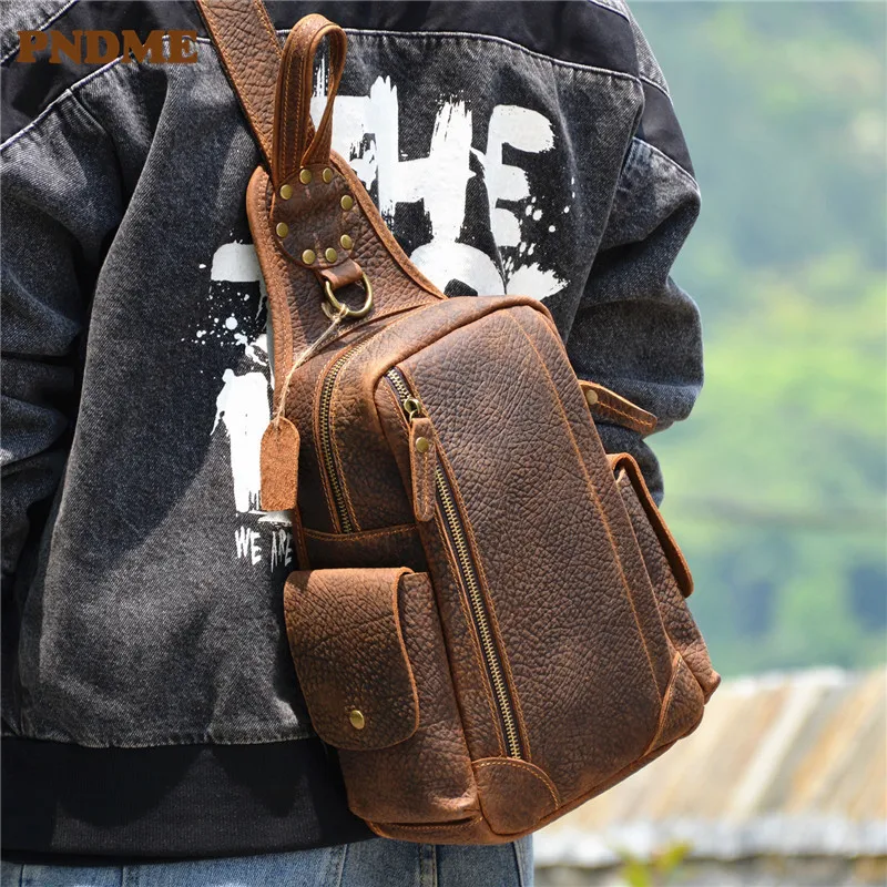 PNDME fashion retro real leather men's chest bag outdoor daily travel crazy horse cowhide multifunctional shoulder crossbody bag