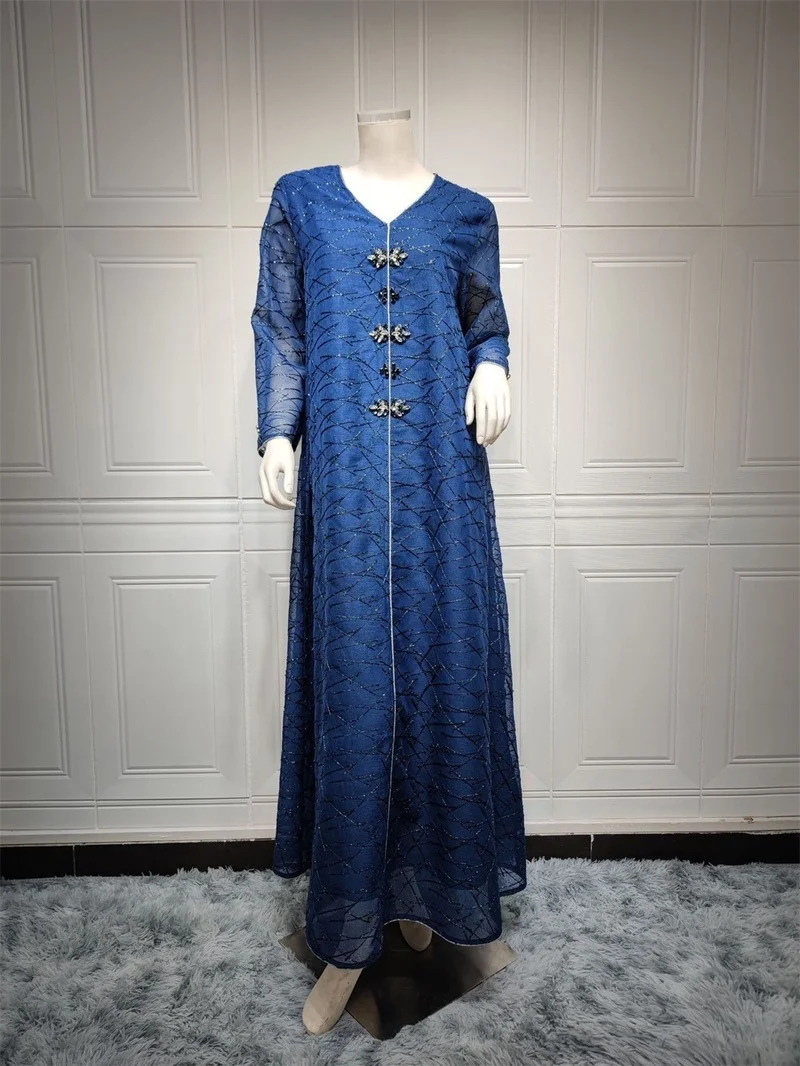 Dresses For Women 2022 V-Neck Long Sleeve Mesh Rhinestone Beaded Belted Morrocan Kaftan Dress Muslim Clothing For All Season