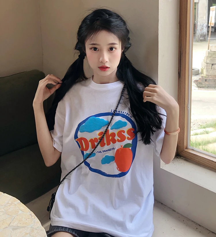 

6518 2022 new women Summer new foam cloud orange print short-sleeved T-shirt