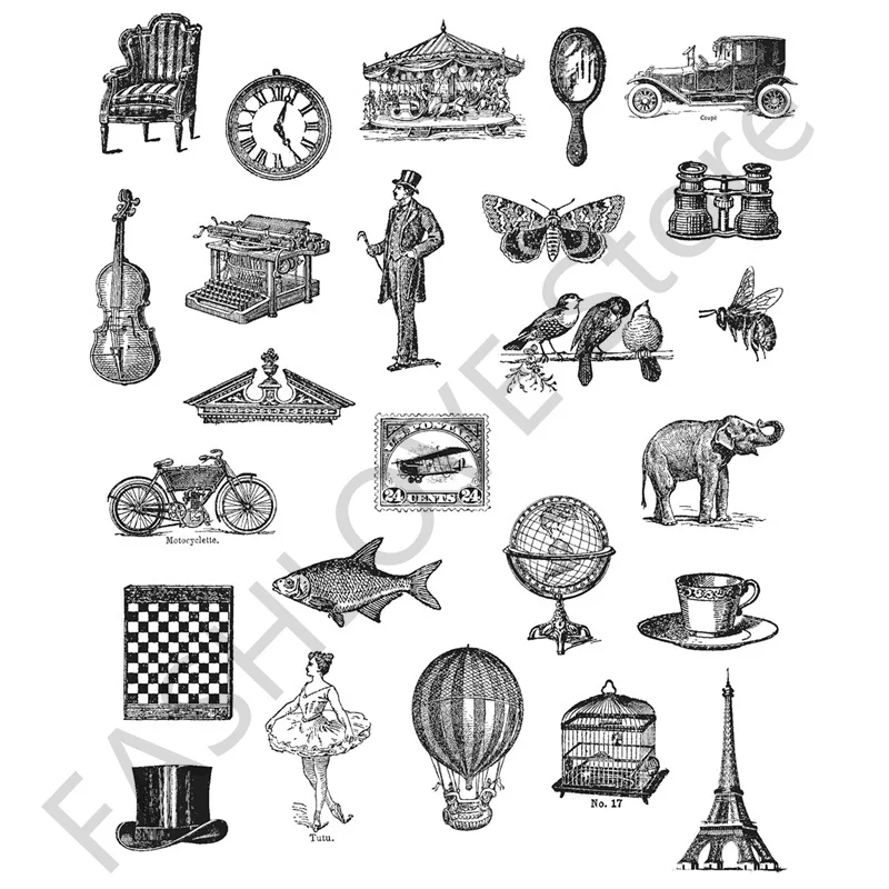 

Vintage Transparent Stamp Scrapbook Album Paper Card Decoration Animal Clock Musical Instrument Element English Stamp 2022 New