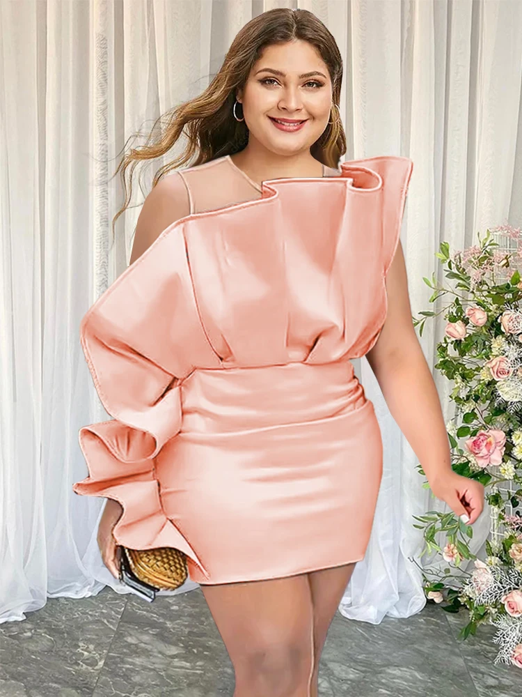 Plus Size Women Pink Dress Birthday Party Ruffle Stylish Sleveless robes femmes Mesh Patchwork Elegant Summer Homecoming 2023