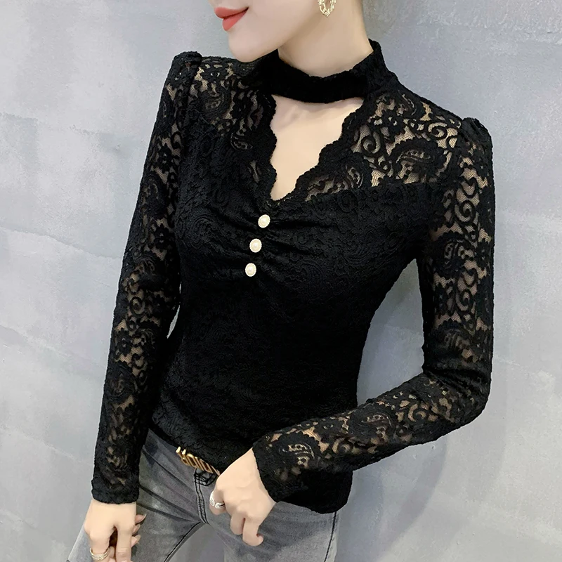 

Женская Кружевная футболка на пуговицах, с ложным воротником