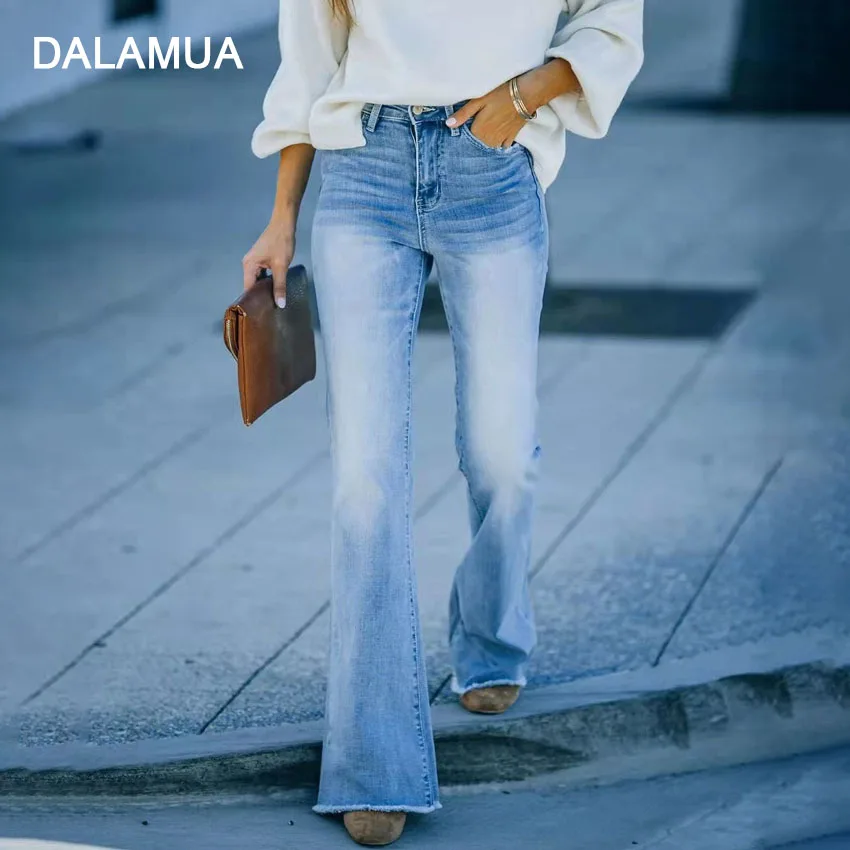 

Women Bell Bottom Jeans High Waisted 2022 Spring Casual Office Lady Flare Pants Vintage Solid Blue Fashion Female Denim Trousers