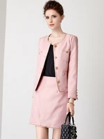 ZJYT Fashion Autumn Worsted Jacket Skirt Set Women 2022 Long Sleeve Office Work Dress Suits Party Elegant Pink Outfit 2 Piece