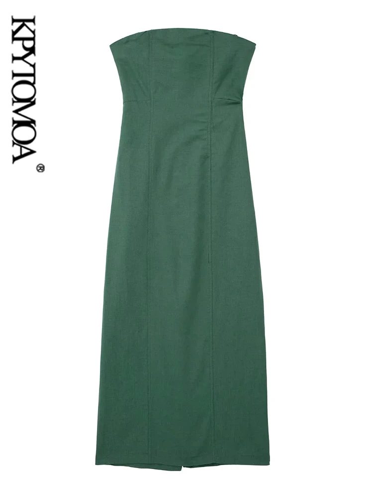 

KPYTOMOA Women Fashion Strapless Linen Midi Dress Sexy Backless Zipper Straight Neck Female Dresses Vestidos Mujer