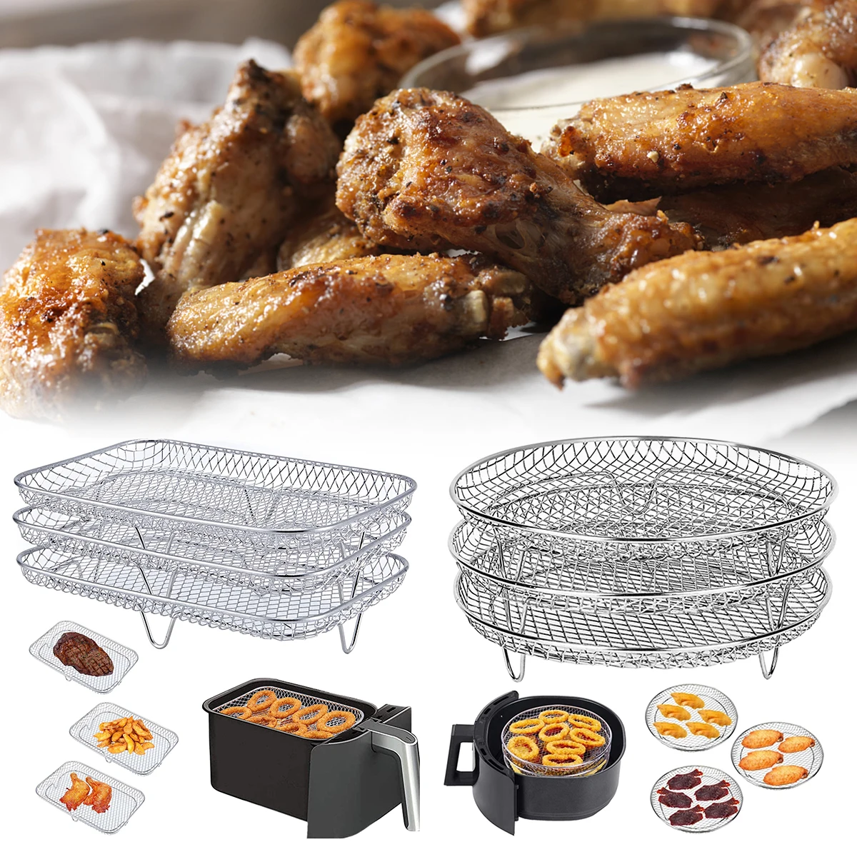 

3Pcs Air Fryer Rack Tray Stackable Dehydrator Basket Steamer Stainless Steel Kitchen Accessories for 4.2 to 5.8QT Oven Air Fryer