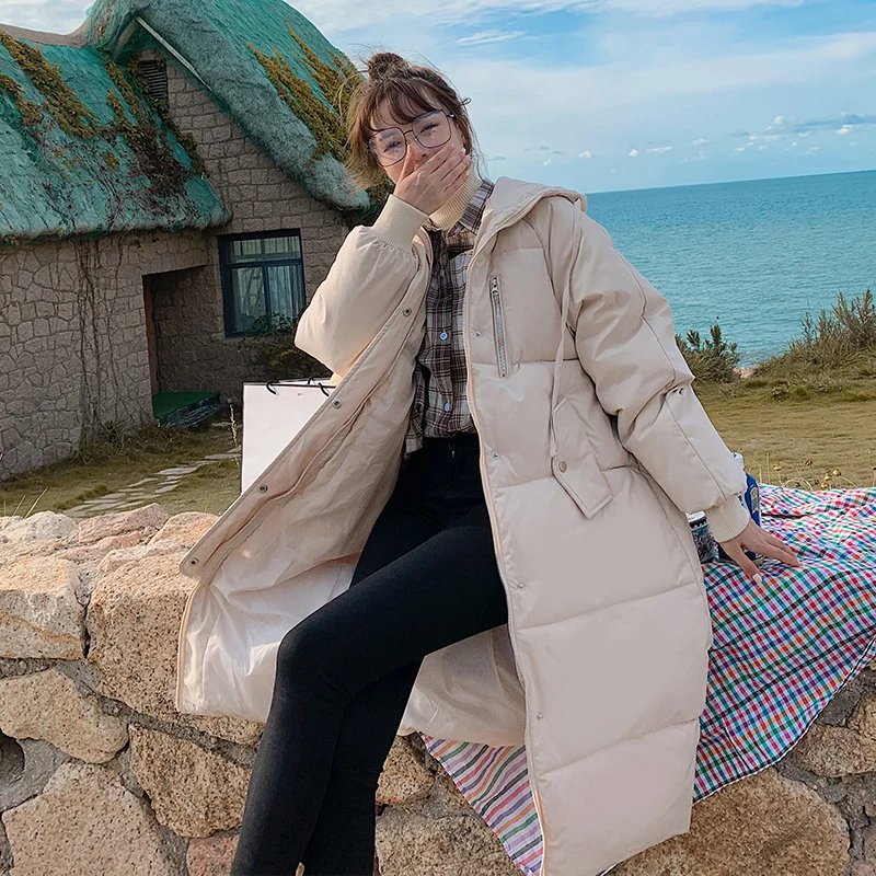 2022 New Fashion Winter Black Coat Women Long Parkas Solid Winter Jacket Women Cotton Padded Parka Hooded Loose Outwear