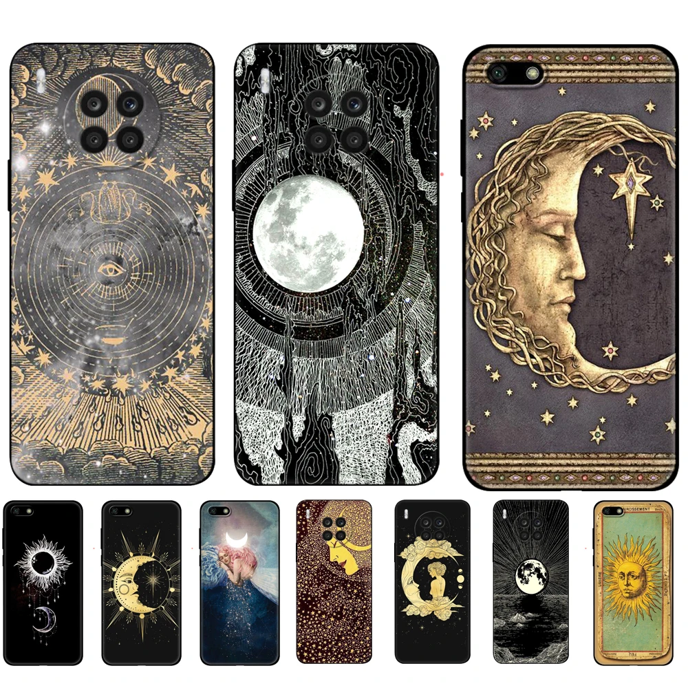Black tpu Case For Huawei Honor 50 Lite PRO 20 10 10i 20S 30S 30 7A 7s 7C Cover Sun and moon