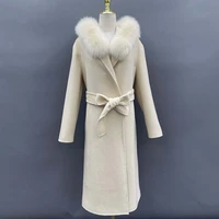missjanefur cashmere coat with fox fur hood women 2022 long winter belted trench peacoats wholesale korean fashion wool overcoat