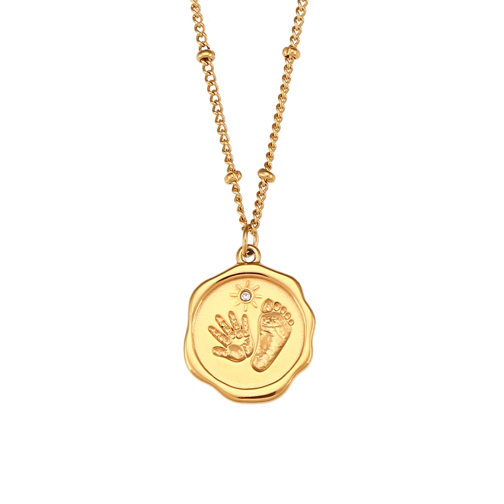 

2022 Lovely Baby Handprint Footprint Sun Pendant Necklaces 18K Gold Plated Waterproof Beaded Chain Necklaces for Women Girls