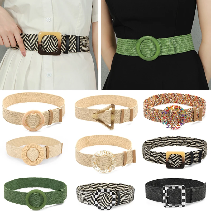 

Vintage Bohemian Elastic Braided Wide Belt Resin Buckle PP Straw Wide Belt Geometric Multicolor Boho Waist Seal Bel For Women