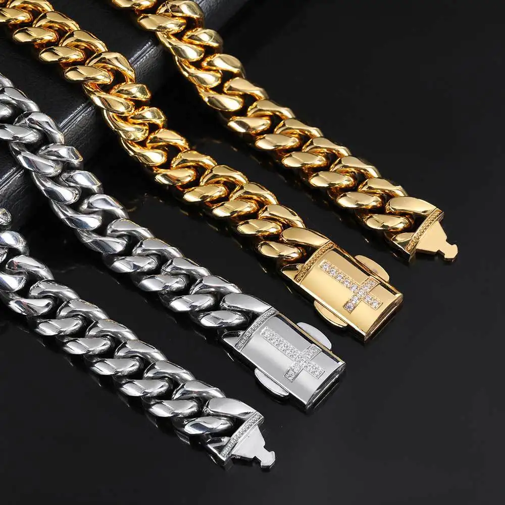 

Hip Hop Zircon Spring Buckle Titanium Steel Necklace. Round Mill Encrypted Stainless Steel Cuban Chain Men's Bracelet Necklace