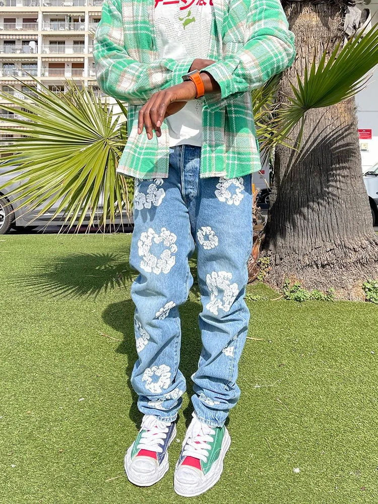 New Arrival Loose Straight Comfy Cotton Denim Pants Trousers Y2K Clothes Streetwear Casual Fashion Flowers Printed Jeans For Men