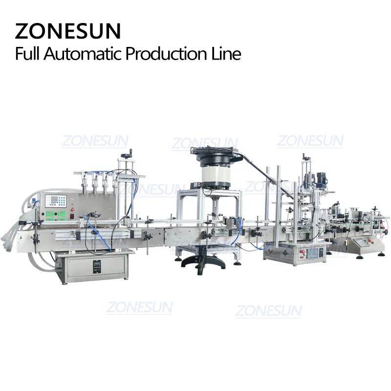 Фото Автоматическая линия ZONESUN ZS-FAL180C10 с 4 форсунками для розлива напитков, молока, геля, жидкостей, укупорки и этикетирования круглых бутылок №5