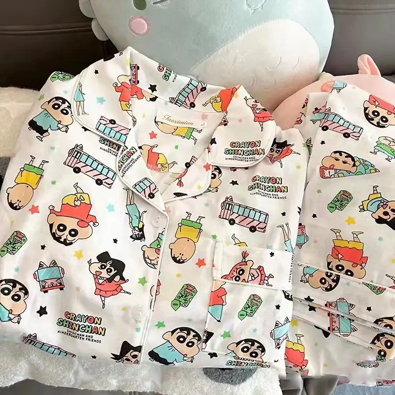 Kawaii Crayon Shinchan Pajama Sets Cartoon Anime Female Spring Cute Long Sleeve Cotton Two-Piece Homewear Set