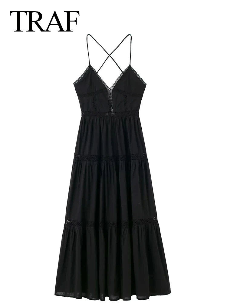 

TRAF 2022 Summer Women's Wrap Breast Sling Dress Solid Black Backless Cross Strap Party Pleated Skirt Slim Fit Sexy Long Dress