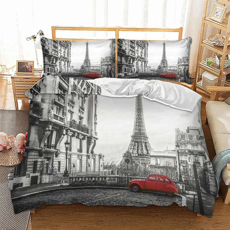 

Juego de cama de poliéster con estampado de coche rojo de la torre de París, funda nórdica romántica de la ciudad de Londres y