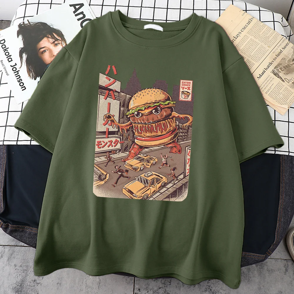 

Ukiyoe Japan Style Burgerzilla Tee Shirt Harajuku Retro T Shirts Summer Street Tee Shirt Tops Casual Loose T Shirts For Mens