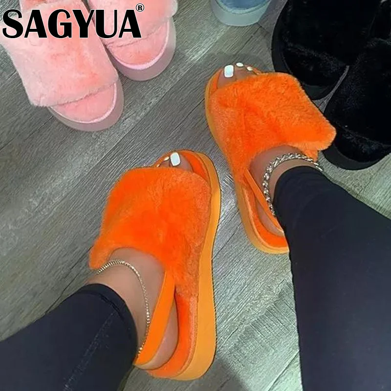 

Summer Platform Open Toe Fur Sandals 2022 New Flats Slippers Plush Casual Women Shoes Fashion Flip Flops Home Cotton Mujer Slide