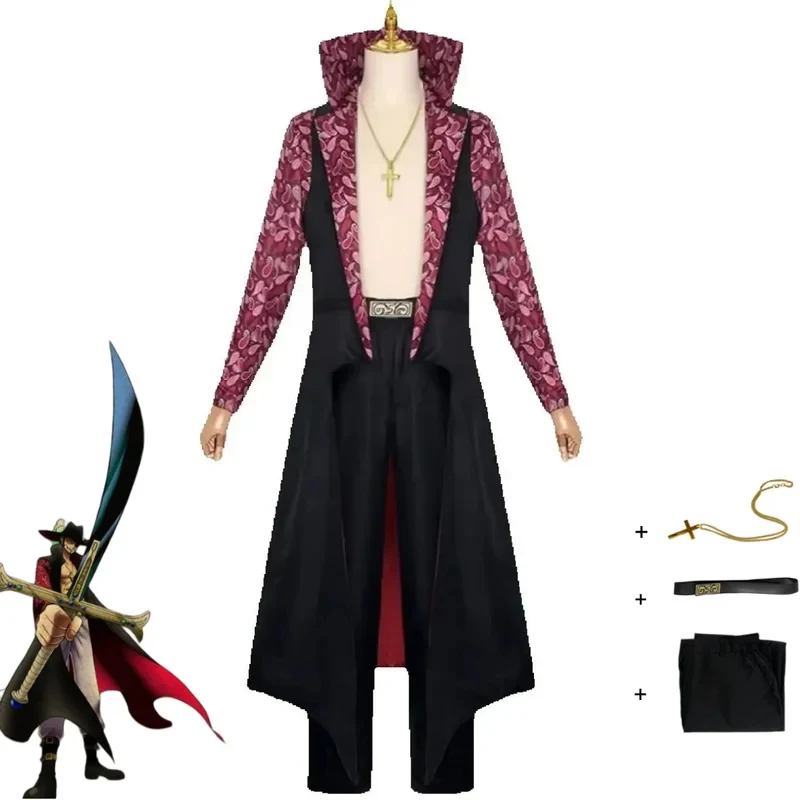 Фото Костюм для косплея Dracule Mihawk из OPLive Action Movies: черное пальто с принтом, длинными рукавами, униформа, полный комплект для мужчин 8f5d][ №2