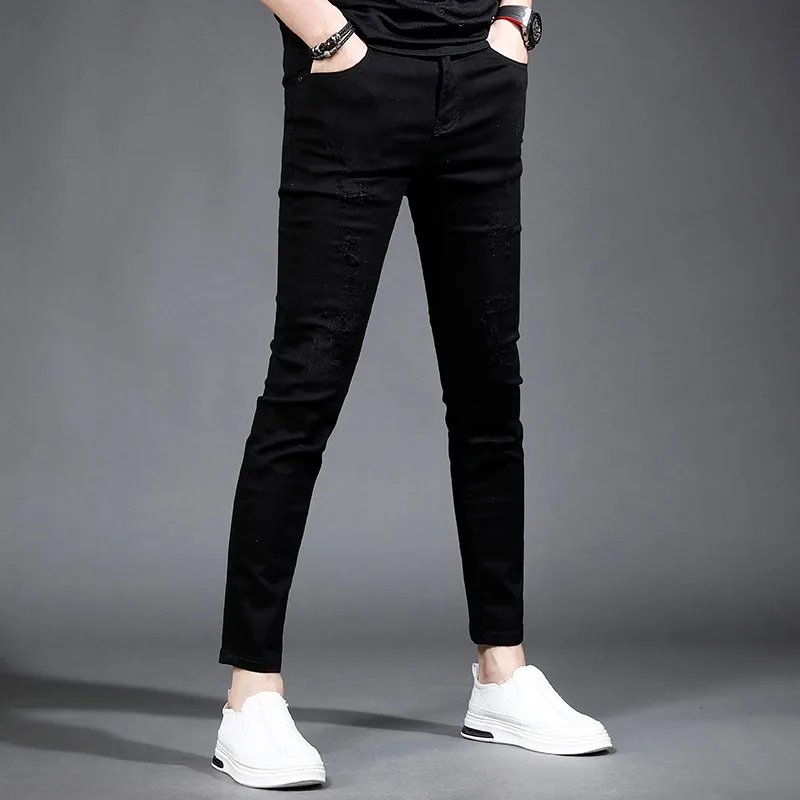 Summer Black Ankle-Length Pants Men Ripped Jeans Streetwear Korean Style Casual Lightweight Slim Fit Denim Trousers