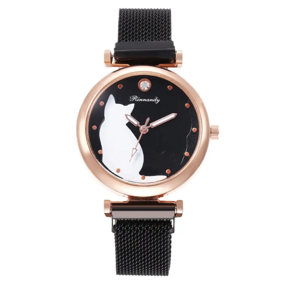 

Luxury Black/Red/Orange Stainless Steel Mesh Women Dress Watches Wristwatch Cat Bracelet Watch Female Round Clock Quartz Watches